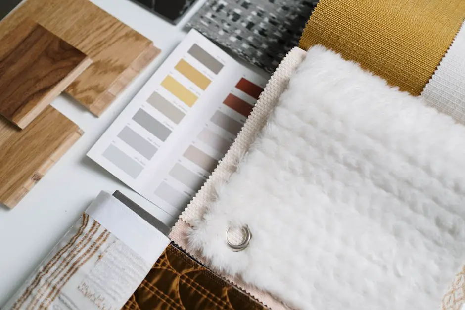 A creative workspace with color swatches, font samples, and layout sketches for portfolio design
